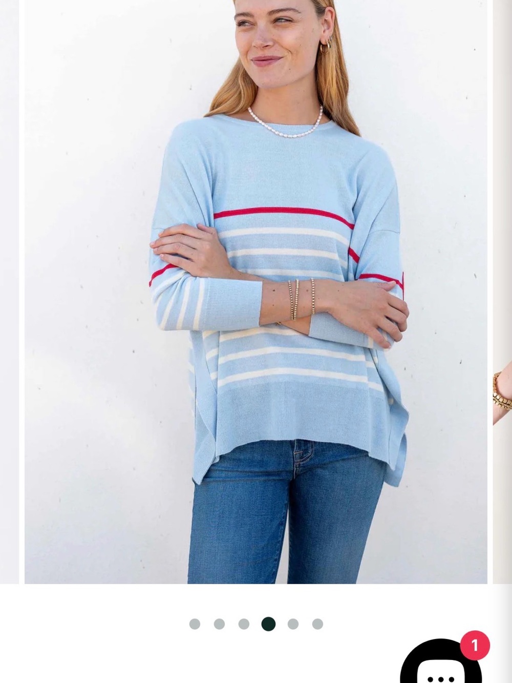 Mersea Light Blue Stripe Knit Sweater with Red Accent